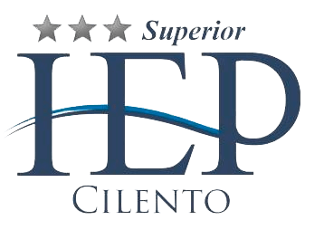 Logo con tre stelle, scritta 'HEP Superior Cilento' e linea curva blu.